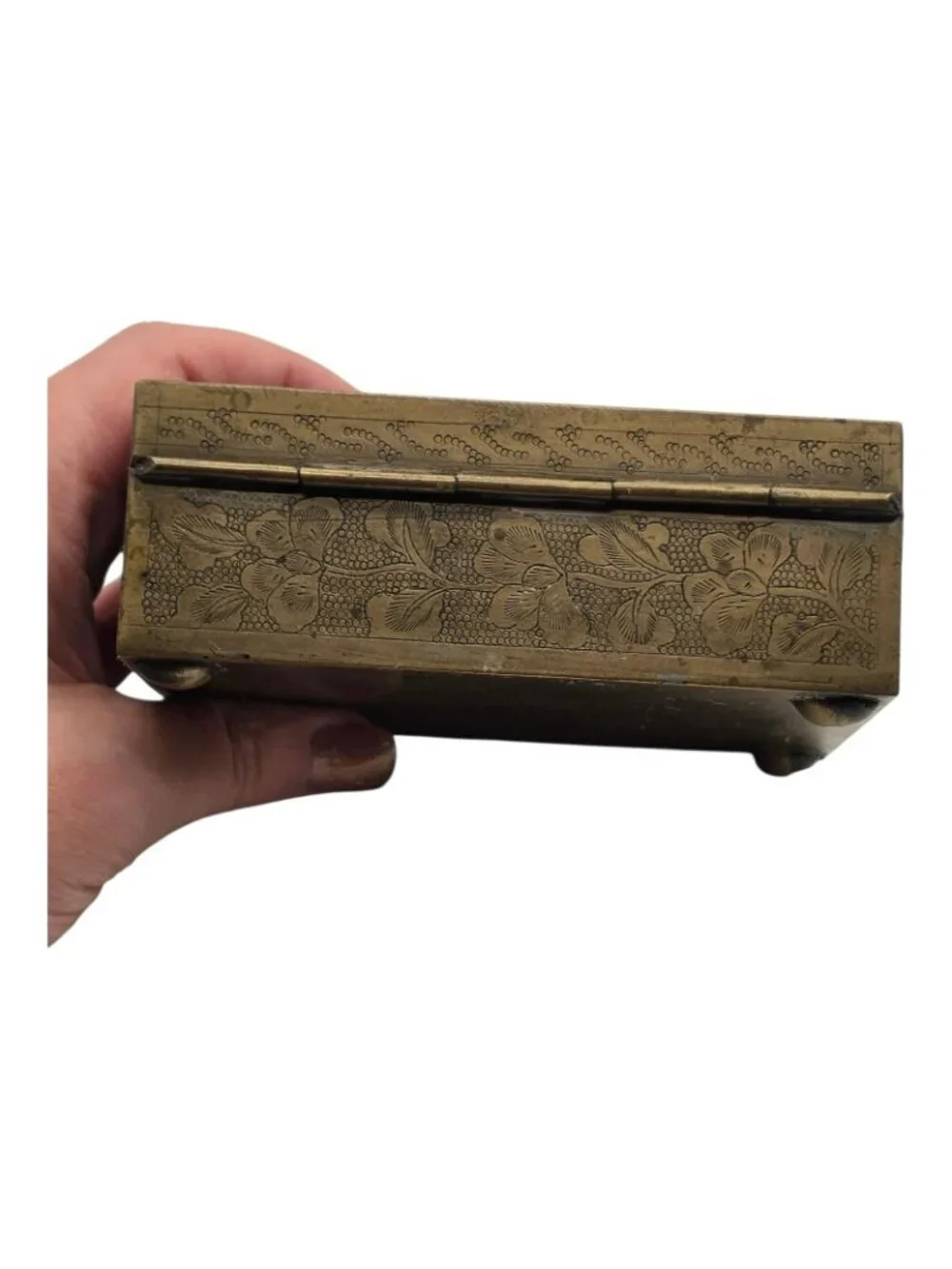 Antique Brass Jewelry Box Cloisonné Floral Bird Design Vintage Trinket Storage